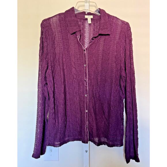 J Jill Lace Top Stretch Purple Button Up Velvet Trim Long Sleeve Sz L Sheer - Picture 1 of 7